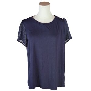 Skies Are Blue Soft Navy Top With Swiss Dot Semi Sheer Back And Sleeves Size M